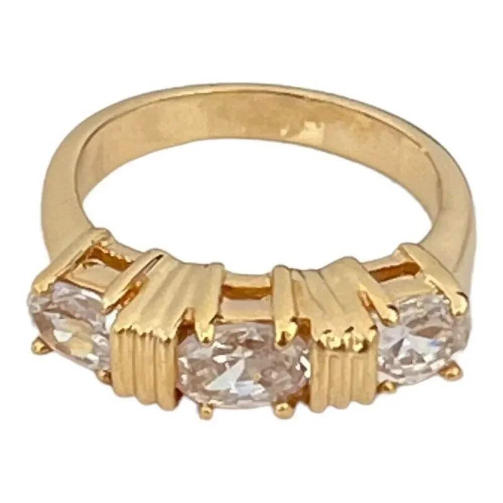 Vintage 1980s Ring Size 8 CZ Three Stone Textured Gold Plated Band - 14S